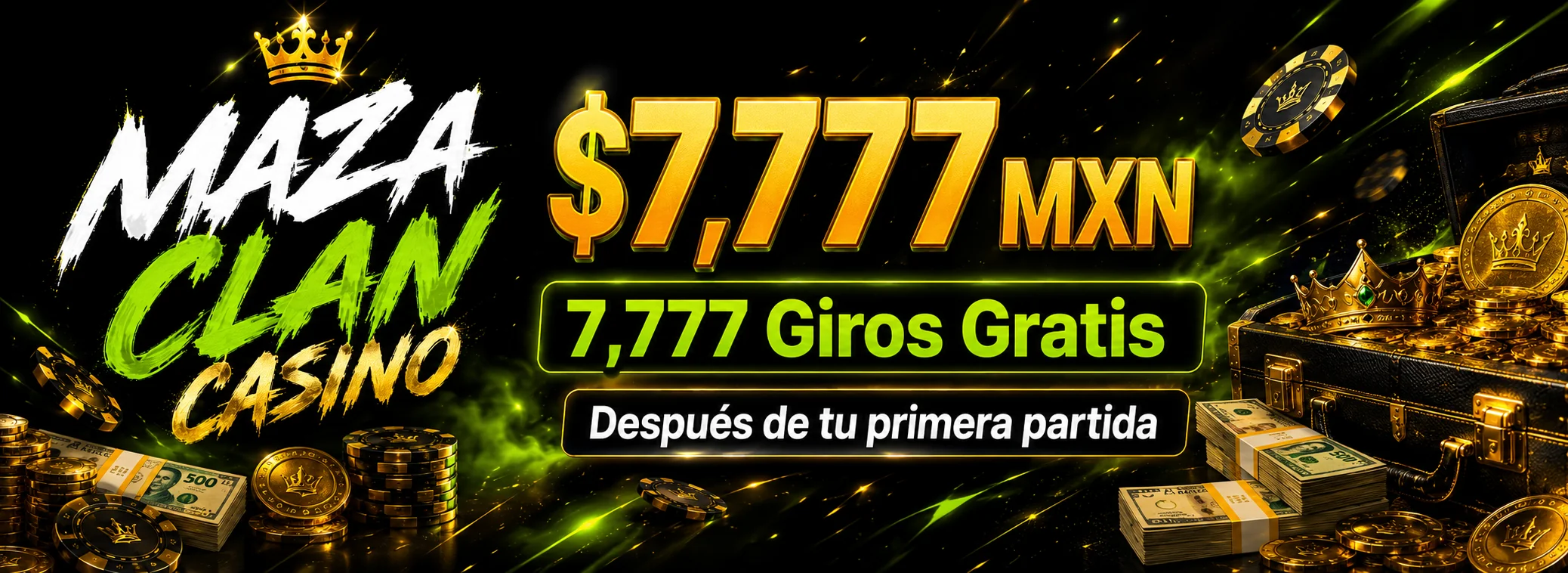Regalo de bienvenida de Maza Clan Casino: $7,777 MXN y 7,777 giros gratis después de tu primera partida